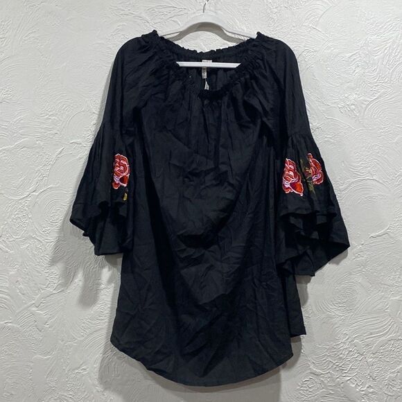 Feathers Black boho floral embroidered dress or tunic size large NWT - Picture 1 of 5